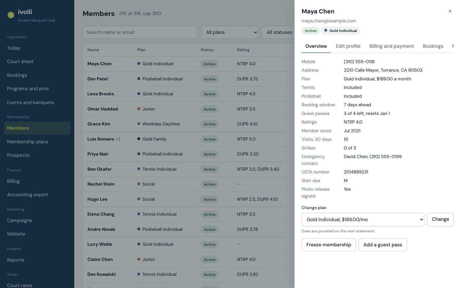 A member record with profile, billing and custom fields