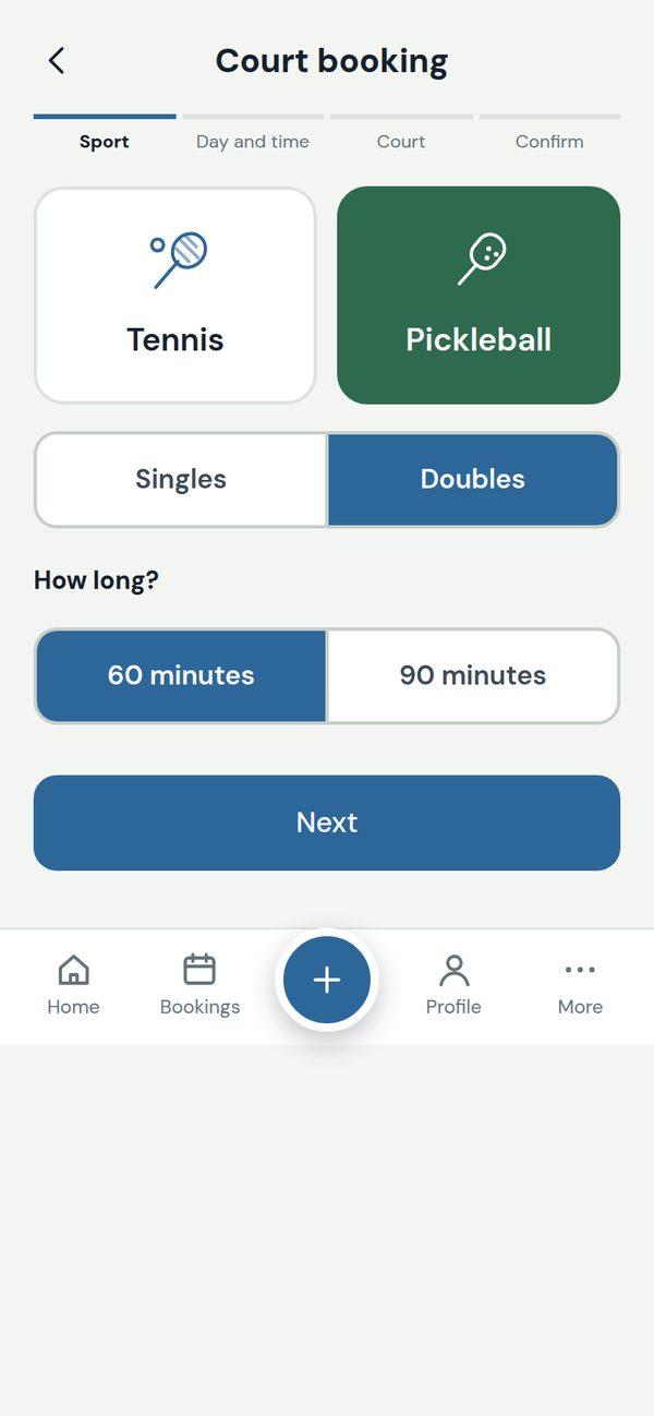 Choosing a sport, players and booking length