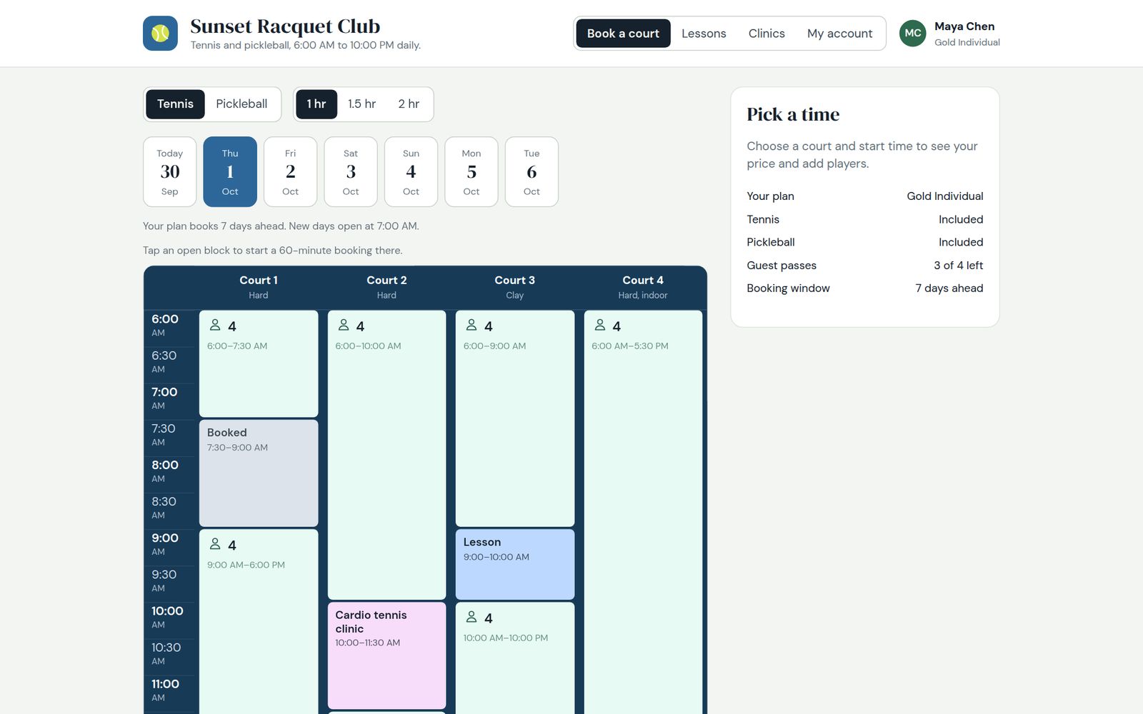 Court view by time with open and booked blocks