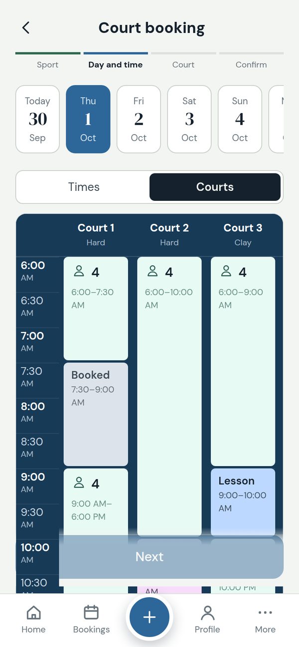 Court view with open, booked and lesson blocks