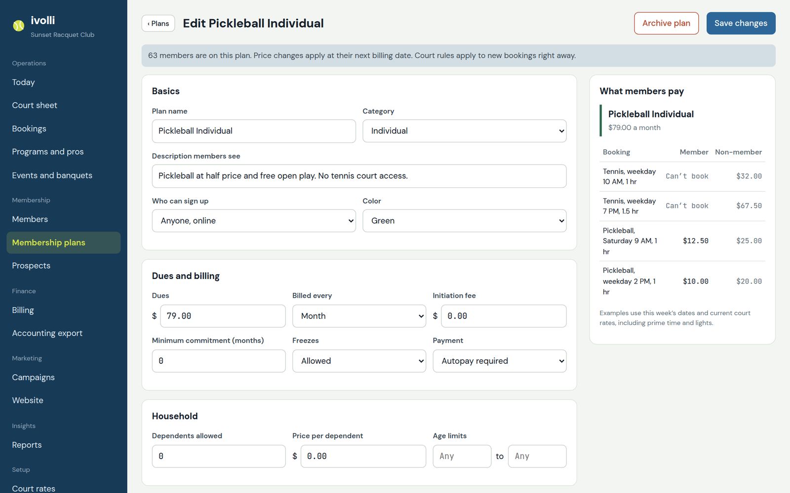 Membership plan editor with a live price preview