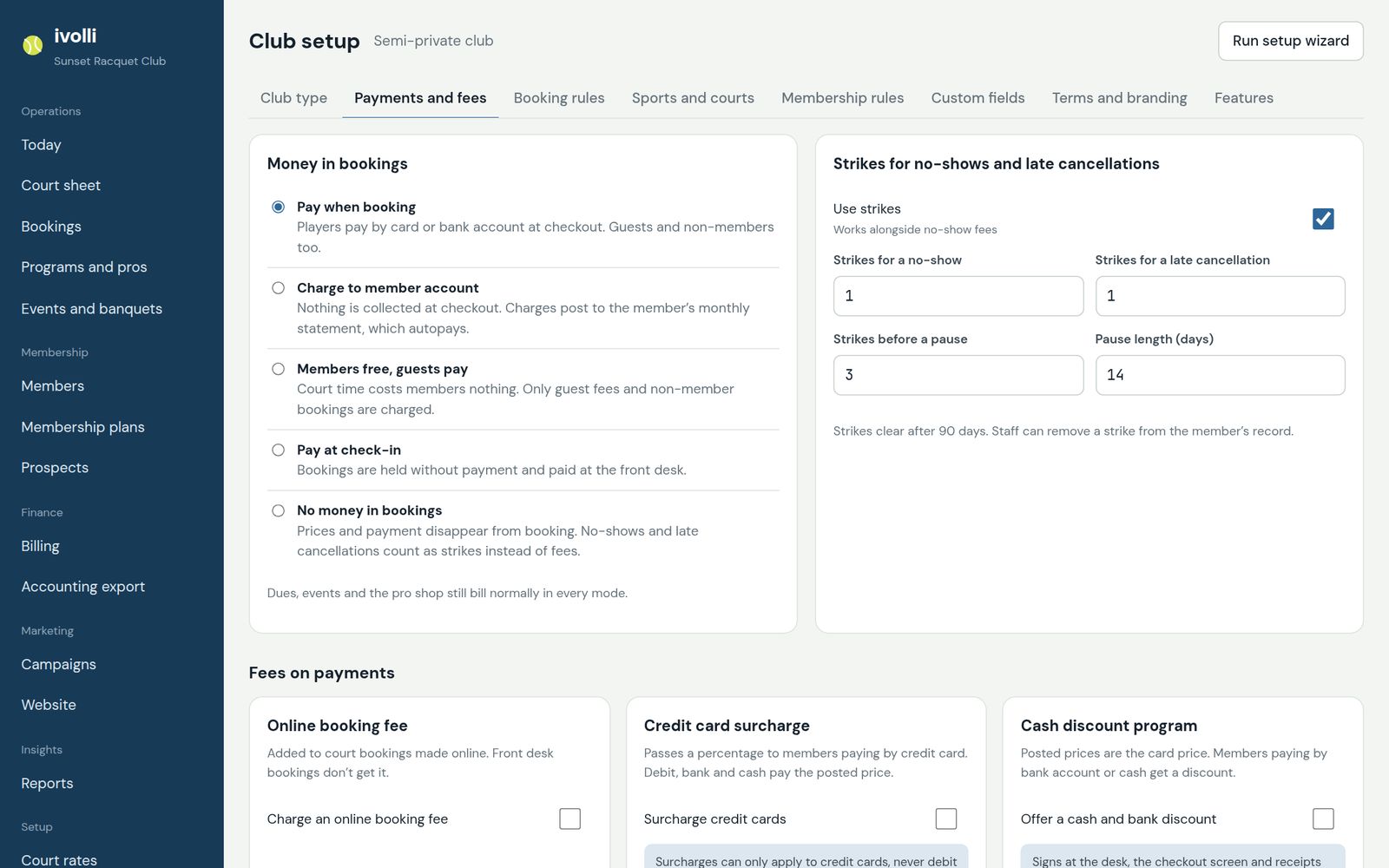 Payments and fees settings with surcharge and cash discount options