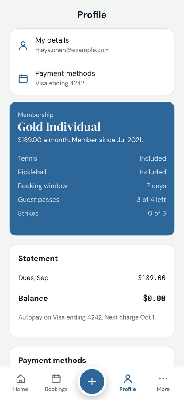 Profile with payment methods