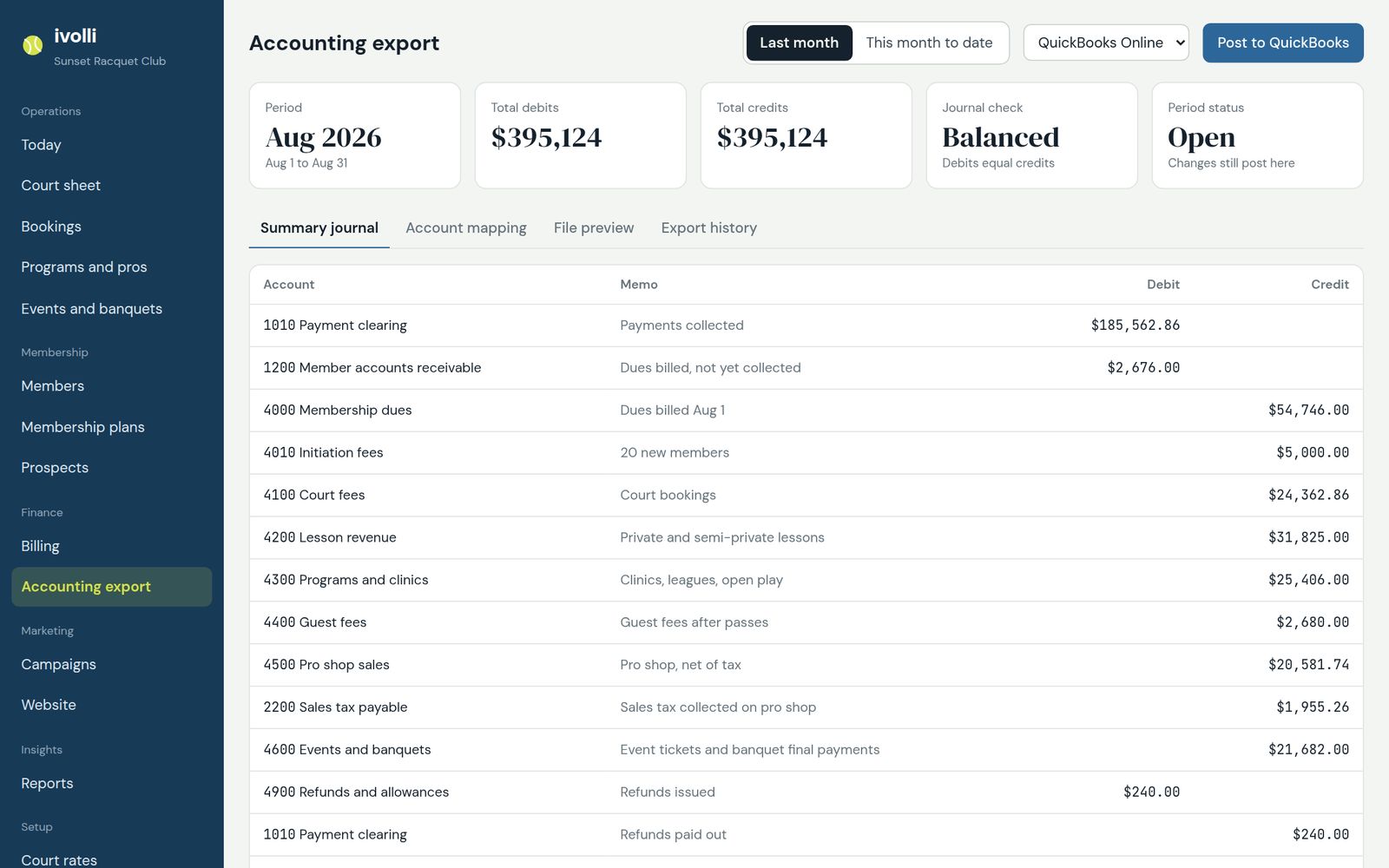 Summary journal for accounting export