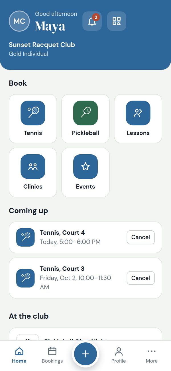 The ivolli member app home screen with booking tiles for tennis, pickleball, lessons, clinics and events